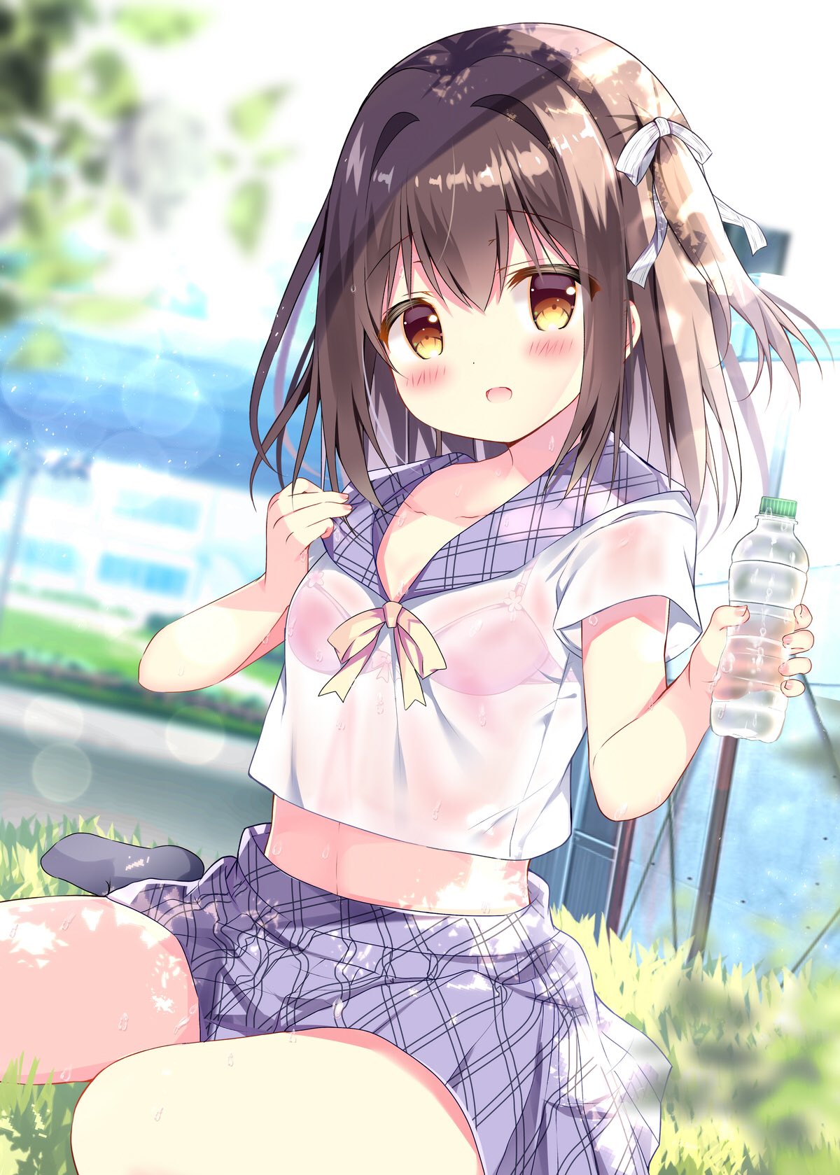 1girl :d azumi_kazuki bangs black_legwear blurry blurry_background blush bottle bow bra bra_through_clothes breasts brown_eyes brown_hair commentary_request day depth_of_field eyebrows_visible_through_hair hair_between_eyes hair_bow hair_intakes highres holding holding_bottle looking_at_viewer on_grass open_mouth original outdoors pink_bra purple_sailor_collar purple_skirt sailor_collar see-through shirt short_sleeves sitting skirt small_breasts smile socks solo striped striped_bow sweat two_side_up underwear wariza water_bottle wet wet_clothes wet_shirt white_bow white_shirt