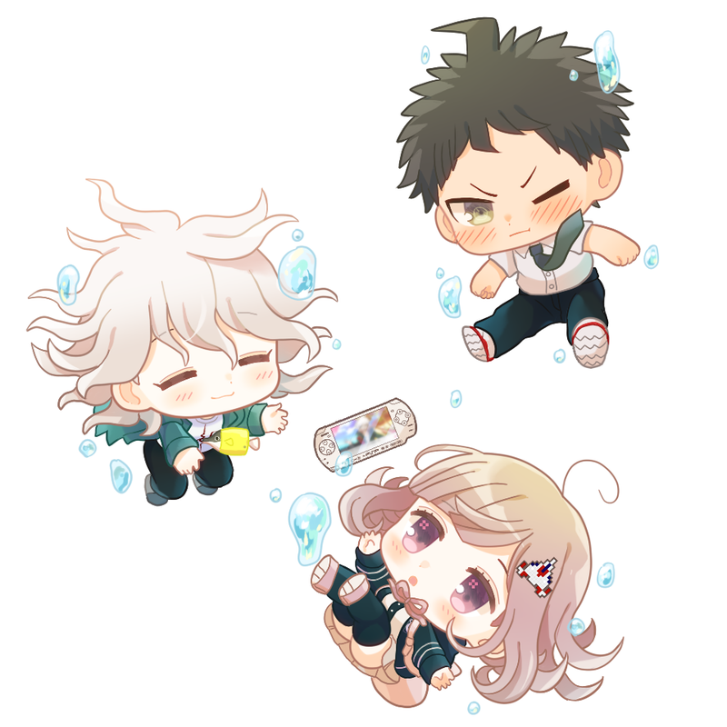 1girl 2boys :o ahoge animal_bag arm_up backpack bag bangs black_jacket black_pants blush cat_bag chibi closed_mouth commentary_request dangan_ronpa_(series) dangan_ronpa_2:_goodbye_despair dress_shirt falling galaga gradient_hair green_jacket green_neckwear grey_hair hair_ornament hairclip handheld_game_console hinata_hajime jacket keroro7 komaeda_nagito long_sleeves messy_hair multicolored_hair multiple_boys nanami_chiaki neck_ribbon necktie one_eye_closed open_clothes open_jacket pants pink_eyes pink_ribbon print_shirt ribbon school_uniform shirt shoes simple_background thigh-highs video_game white_background white_shirt