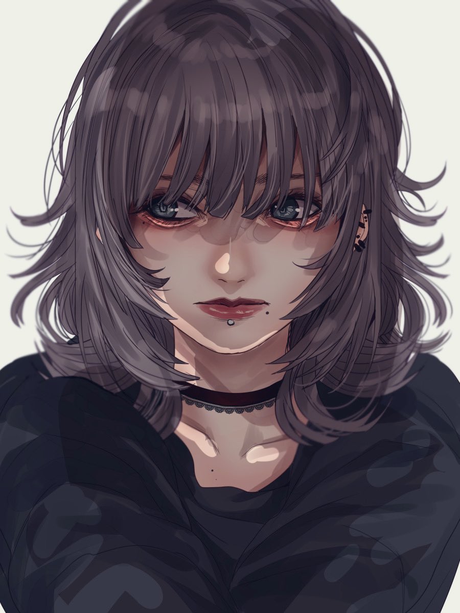 1girl black_shirt blue_eyes brown_choker choker closed_mouth ear_piercing earrings eyeshadow grey_hair hair_over_eyes hoshi_san_3 jewelry lip_piercing makeup medium_hair mole mole_under_eye mole_under_mouth original piercing shirt solo