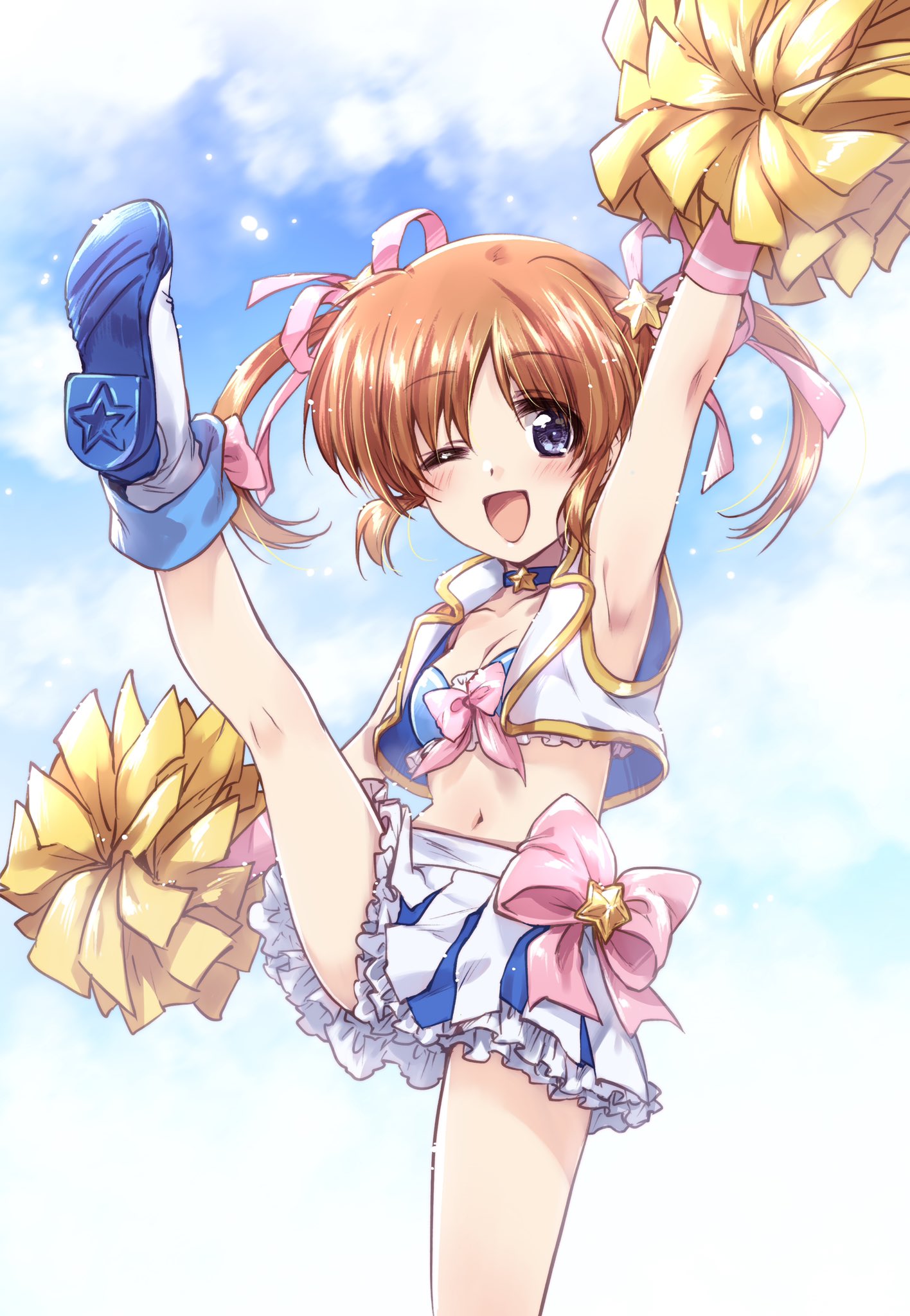 1girl ;d arm_up bangs blue_choker blue_shirt blue_sky boots bow bow_skirt breasts cheerleader choker clouds cloudy_sky crop_top cropped_jacket day eyebrows_visible_through_hair frilled_shirt frilled_skirt frills hair_ornament hair_ribbon high_heel_boots high_heels highres holding holding_pom_poms jacket kuroi_mimei leg_up looking_at_viewer lyrical_nanoha mahou_shoujo_lyrical_nanoha midriff miniskirt navel one_eye_closed open_mouth outdoors pink_bow pink_ribbon pleated_skirt pom_pom_(cheerleading) ribbon shirt short_hair skirt sky sleeveless sleeveless_jacket small_breasts smile solo standing star_(symbol) star_choker star_hair_ornament takamachi_nanoha twintails white_footwear white_jacket white_skirt wristband