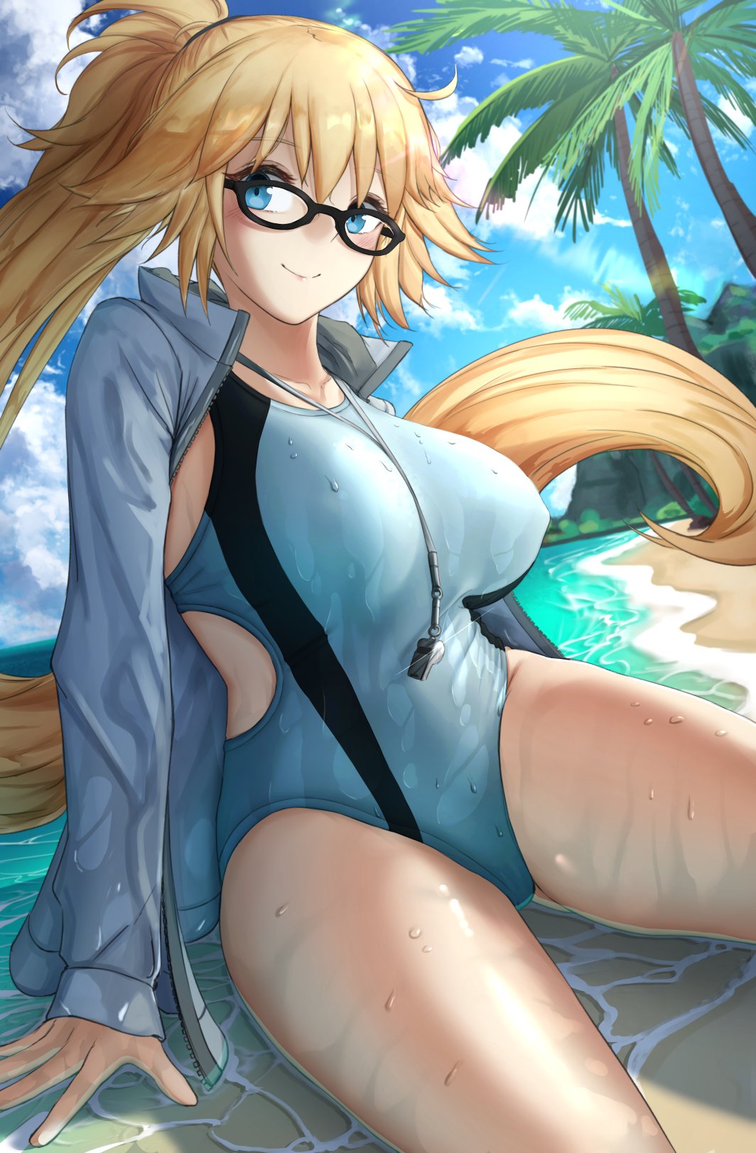 1girl beach bikini black-framed_eyewear black_bikini black_hairband blue_hairband blue_jacket braid clothing_cutout competition_swimsuit fate/grand_order fate_(series) glasses gloves hairband highleg highleg_swimsuit highres hood hooded_jacket ippers jacket jeanne_d'arc_(fate)_(all) jeanne_d'arc_(swimsuit_archer)_(fate) long_hair navel_cutout one-piece_swimsuit palm_tree ponytail single_braid sitting solo swimsuit tree very_long_hair whistle whistle_around_neck white_gloves white_jacket white_swimsuit