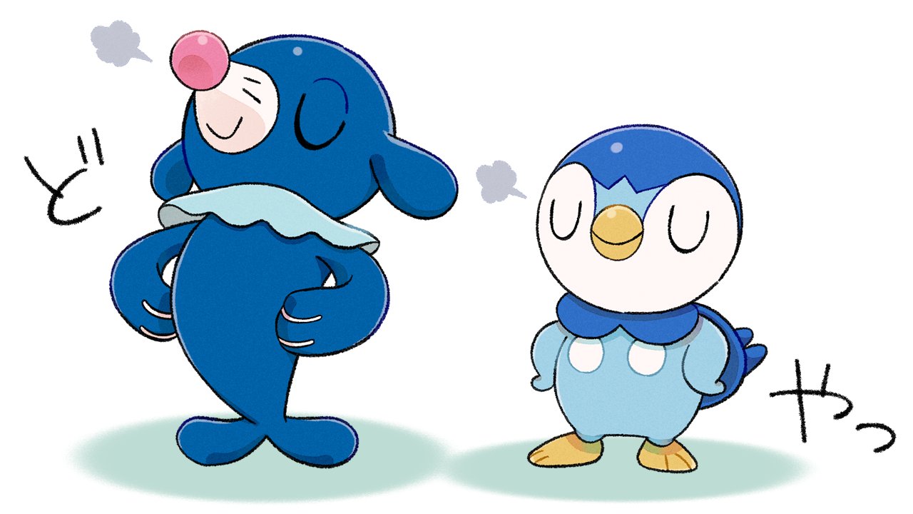 closed_eyes closed_mouth commentary_request creature full_body gen_4_pokemon gen_7_pokemon hands_on_hips no_humans official_art piplup pokemon pokemon_(creature) popplio prj_pochama smile standing toes