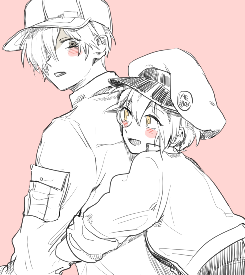 1boy 1girl :d ae-3803 badge baseball_cap black_shirt blush blush_stickers button_badge cabbie_hat commentary couple cropped_jacket front_to_back grey_eyes hair_over_one_eye happy hat hataraku_saibou height_difference hug hug_from_behind jacket looking_at_another looking_back open_mouth partially_colored pink_background red_blood_cell_(hataraku_saibou) shirt short_hair simple_background sketch smile syu u-1146 white_blood_cell_(hataraku_saibou) yellow_eyes