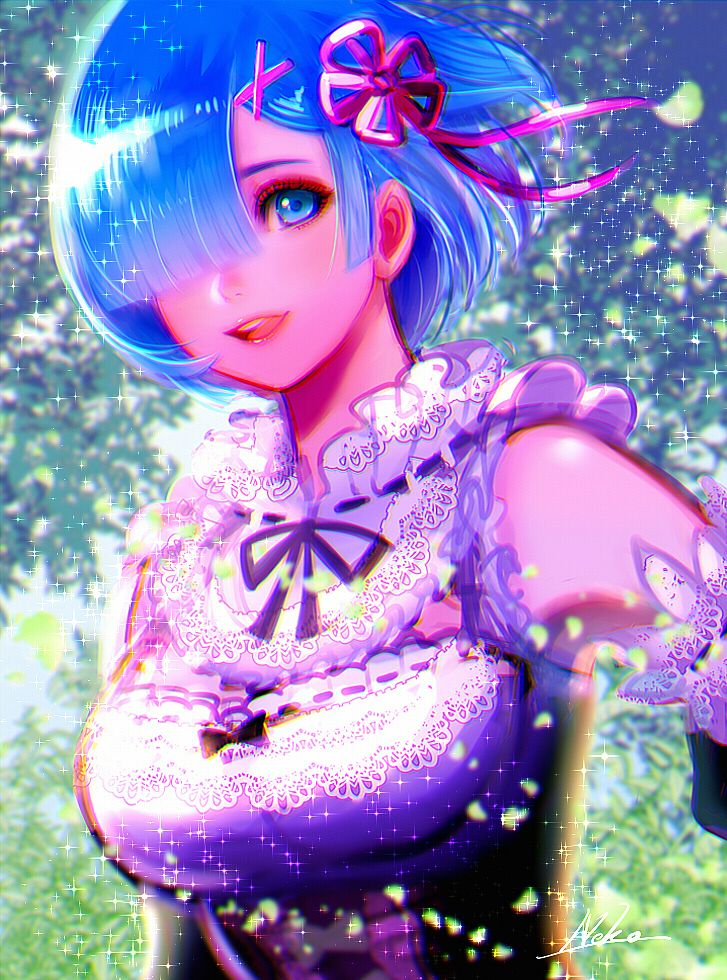 1girl blue_eyes blue_hair hair_ornament hairclip looking_at_viewer nyamunekonabe one_eye_covered open_mouth pink_ribbon re:zero_kara_hajimeru_isekai_seikatsu rem_(re:zero) ribbon short_hair sparkle