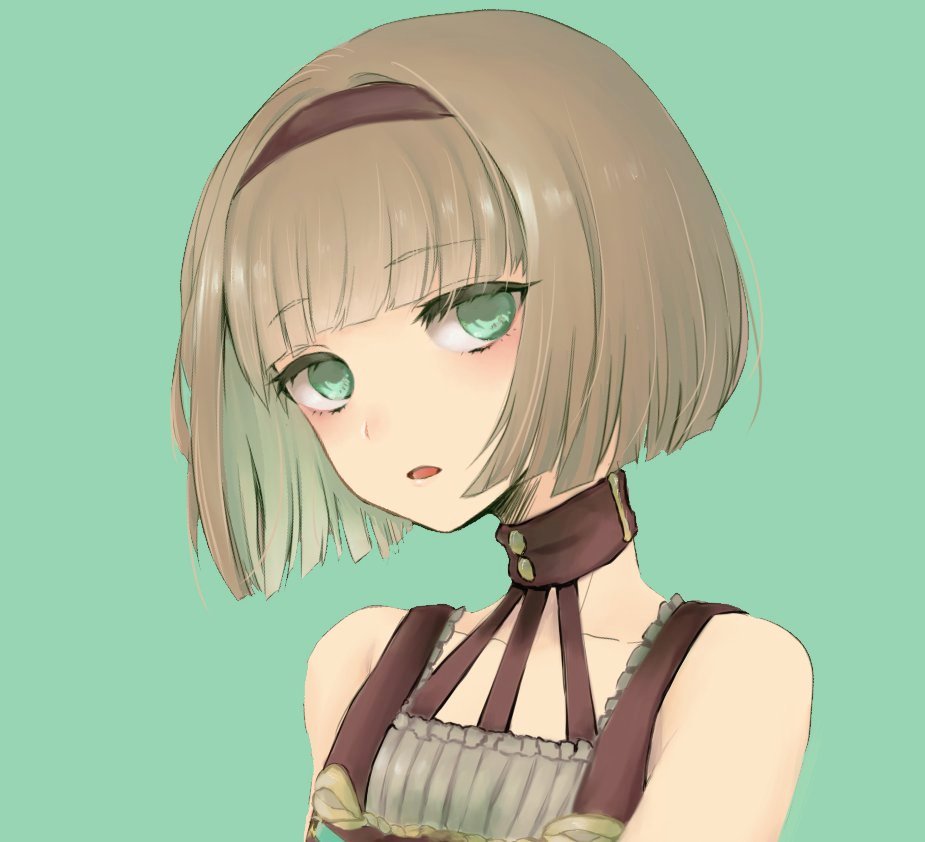 1boy :o ayana_(30715568) bangs blush bob_cut brown_hair green_eyes gretel_(sinoalice) hair_between_eyes headband looking_at_viewer open_mouth otoko_no_ko portrait short_hair sinoalice sleeveless solo