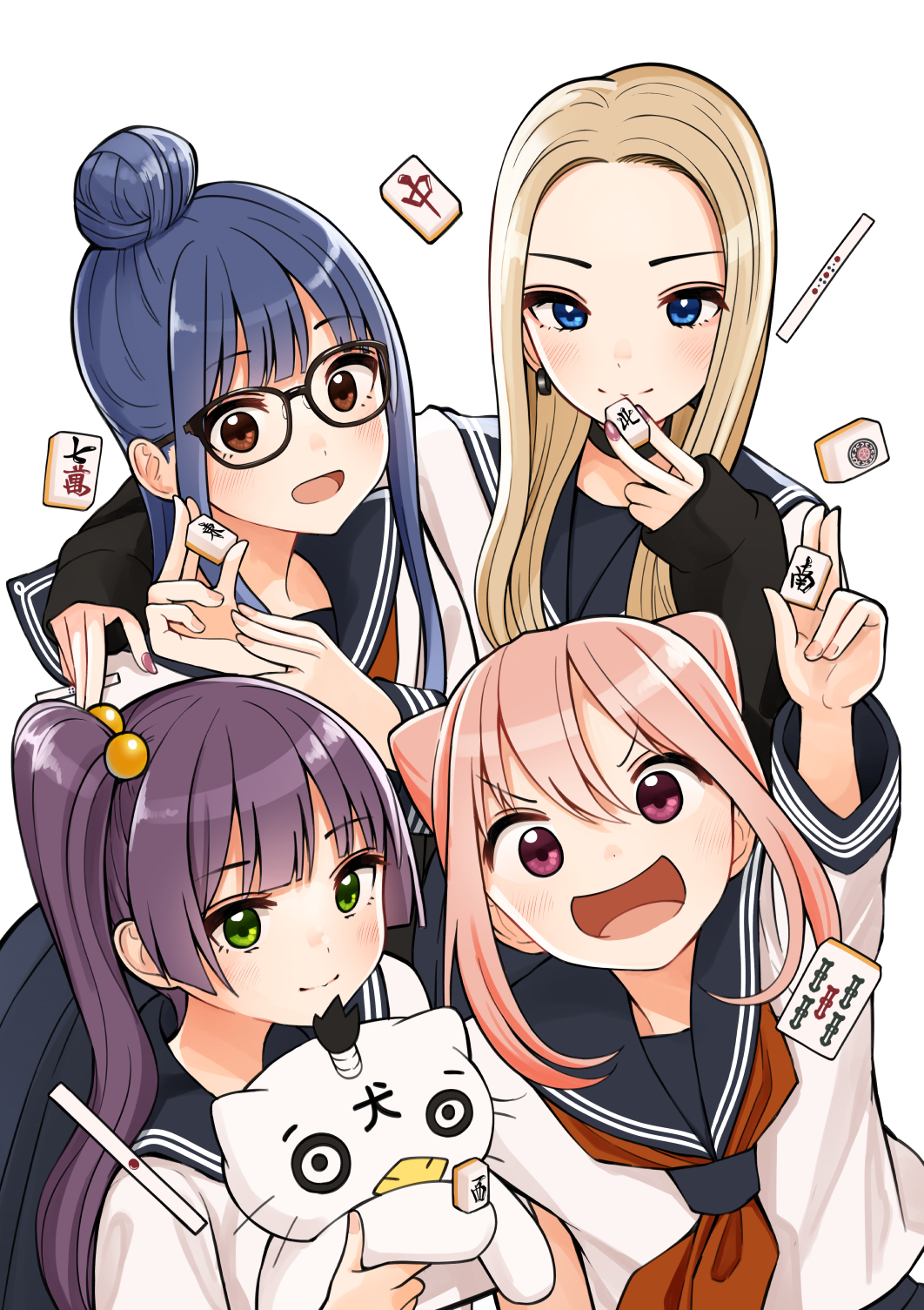 4girls :d bangs between_fingers black-framed_eyewear black_sailor_collar blue_eyes blue_hair brown_eyes closed_mouth commentary_request eyebrows_visible_through_hair forehead glasses green_eyes hair_between_eyes hair_bobbles hair_bun hair_cones hair_ornament high_ponytail highres holding kentaurosu light_brown_hair long_hair long_sleeves looking_at_viewer mahjong mahjong_tile multiple_girls neckerchief open_mouth original parted_bangs pink_hair purple_hair red_neckwear riichi_stick sailor_collar school_uniform serafuku shirt side_ponytail simple_background sleeves_past_wrists smile v-shaped_eyebrows violet_eyes white_background white_shirt