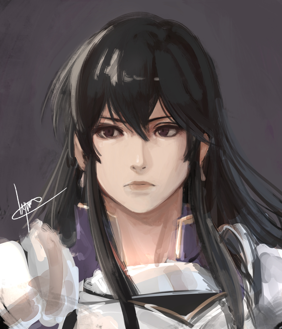 1girl armor ayra_(fire_emblem) bangs black_eyes black_hair cm_lynarc fire_emblem fire_emblem:_genealogy_of_the_holy_war frown grey_background hair_behind_ear hair_between_eyes long_hair portrait sketch solo