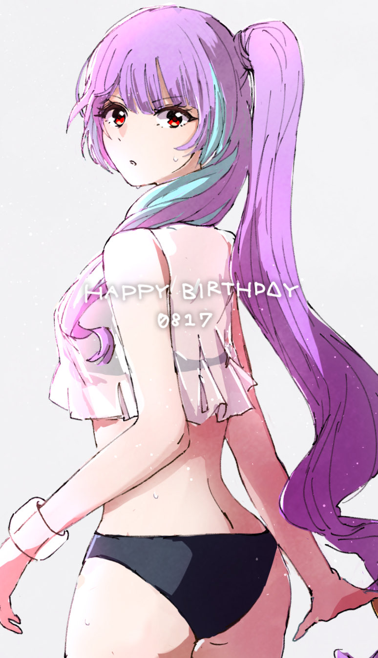 1girl :o bangs bikini black_bikini blue_hair bracelet cropped_shirt eyebrows_visible_through_hair frilled_shirt frills from_behind grey_background highres jewelry long_hair looking_at_viewer looking_back macross macross_delta mikumo_guynemer multicolored_hair open_hands ponytail red_eyes see-through_shirt shima_(delta_kb) shirt solo streaked_hair sweat swimsuit very_long_hair