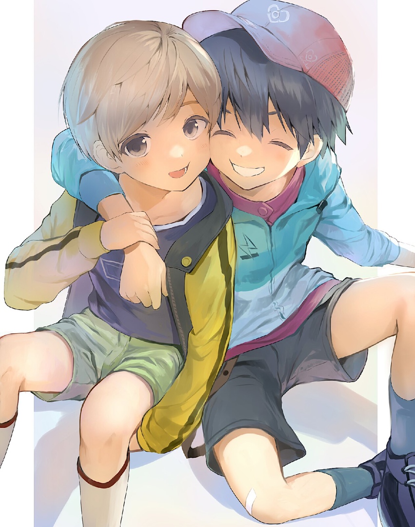 2boys black_hair cap closed_eyes hug looking_at_viewer male open_mouth shoes shorts sitting smiling socks