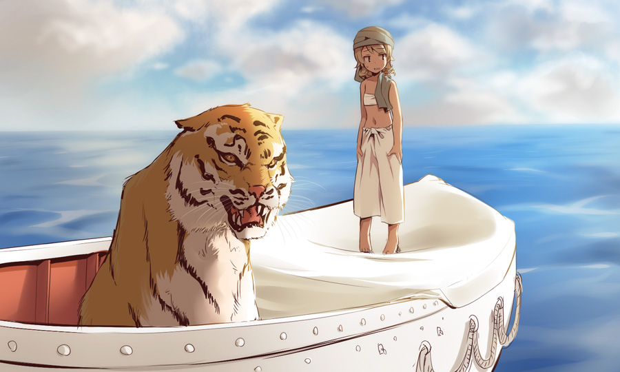1girl animal bangs bare_arms bare_shoulders barefoot blue_sky boat brown_hair clouds cloudy_sky cosplay cosplay_request day eyebrows_visible_through_hair horizon idolmaster idolmaster_cinderella_girls life_of_pi long_hair morikubo_nono navel ocean outdoors pants ringlets sky solo standing tiger turban uccow water watercraft white_pants