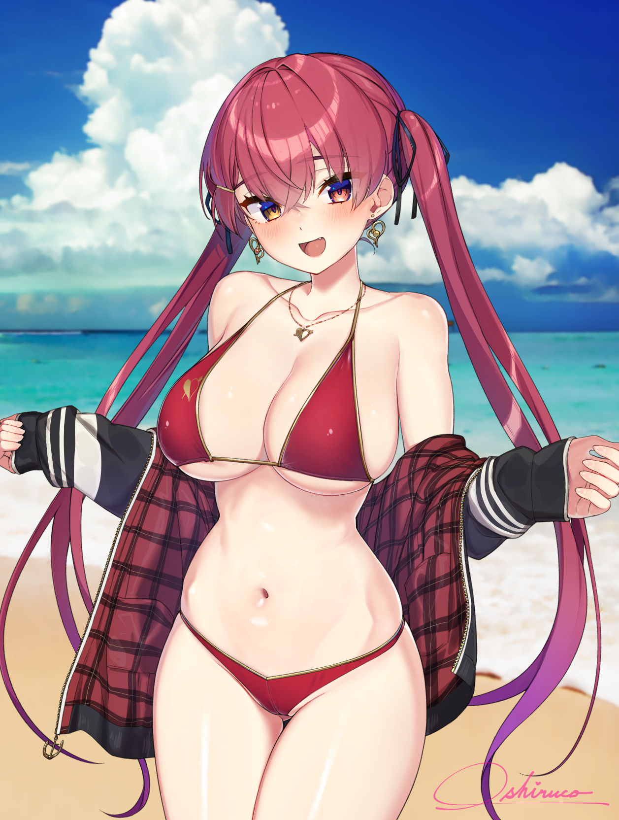 1girl artist_name ass_visible_through_thighs beach bikini breasts clouds collarbone cowboy_shot day earrings eyebrows_visible_through_hair fang hair_between_eyes heterochromia highres hololive houshou_marine jewelry large_breasts long_hair looking_at_viewer navel necklace open_mouth oshiruko_(oshiruco_212048) outdoors redhead sand solo swimsuit tongue twintails water watermark yellow_eyes