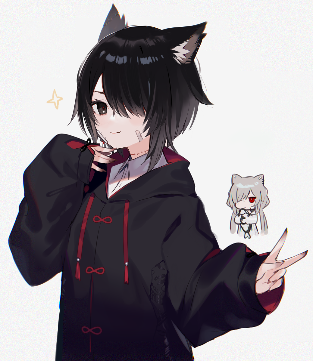 2girls animal_ears bandaid bandaid_on_face black_eyes black_hair black_hoodie cat_ears cat_girl closed_mouth collared_shirt commentary_request grey_background grey_hair hair_over_one_eye highres hood hood_down hoodie long_hair long_sleeves looking_at_viewer multiple_girls muryotaro one_eye_covered original red_eyes shirt short_hair simple_background sleeves_past_wrists smile sparkle stitched_neck upper_body v white_shirt