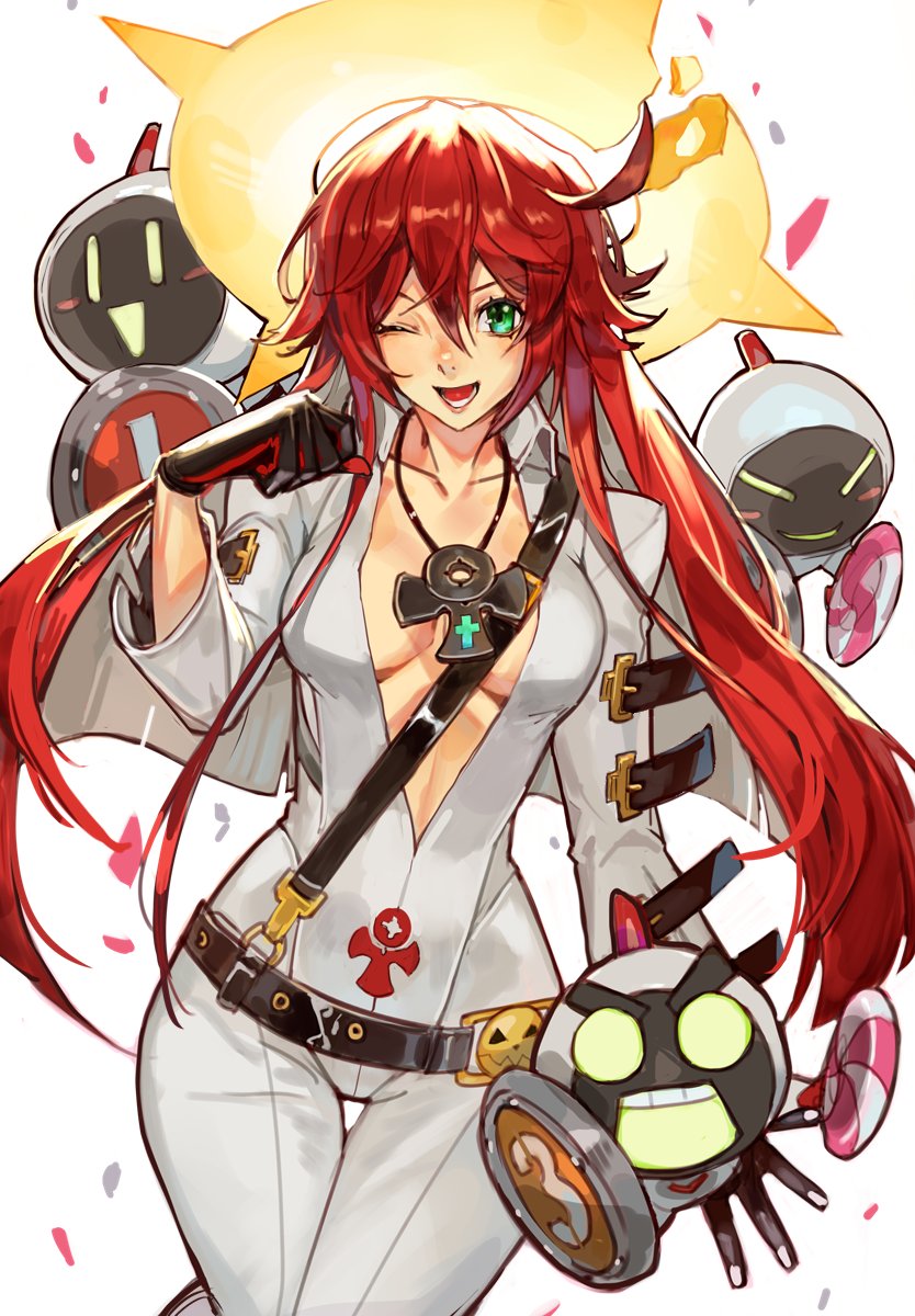 ankh ankh_necklace aria_(guilty_gear) belt belt_buckle bodysuit buckle cross green_eyes guilty_gear guilty_gear_strive halo highres jack-o'-lantern jack-o'_valentine knight_servant long_hair looking_at_viewer multicolored_hair redhead two-tone_hair uncle_rabbit_ii very_long_hair white_bodysuit