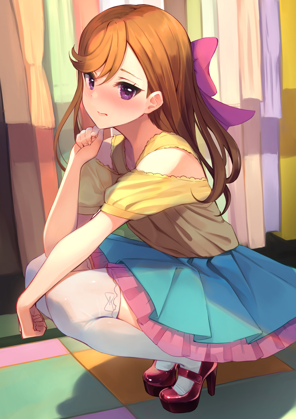 1girl bare_shoulders blue_skirt blush bow closed_mouth commentary_request cowengium frilled_skirt frills hair_bow hand_on_own_chin hand_up high_heels highres long_hair looking_at_viewer love_live! love_live!_superstar!! off-shoulder_shirt off_shoulder orange_hair pink_bow red_footwear shibuya_kanon shirt skirt solo squatting thigh-highs violet_eyes white_legwear yellow_shirt zettai_ryouiki