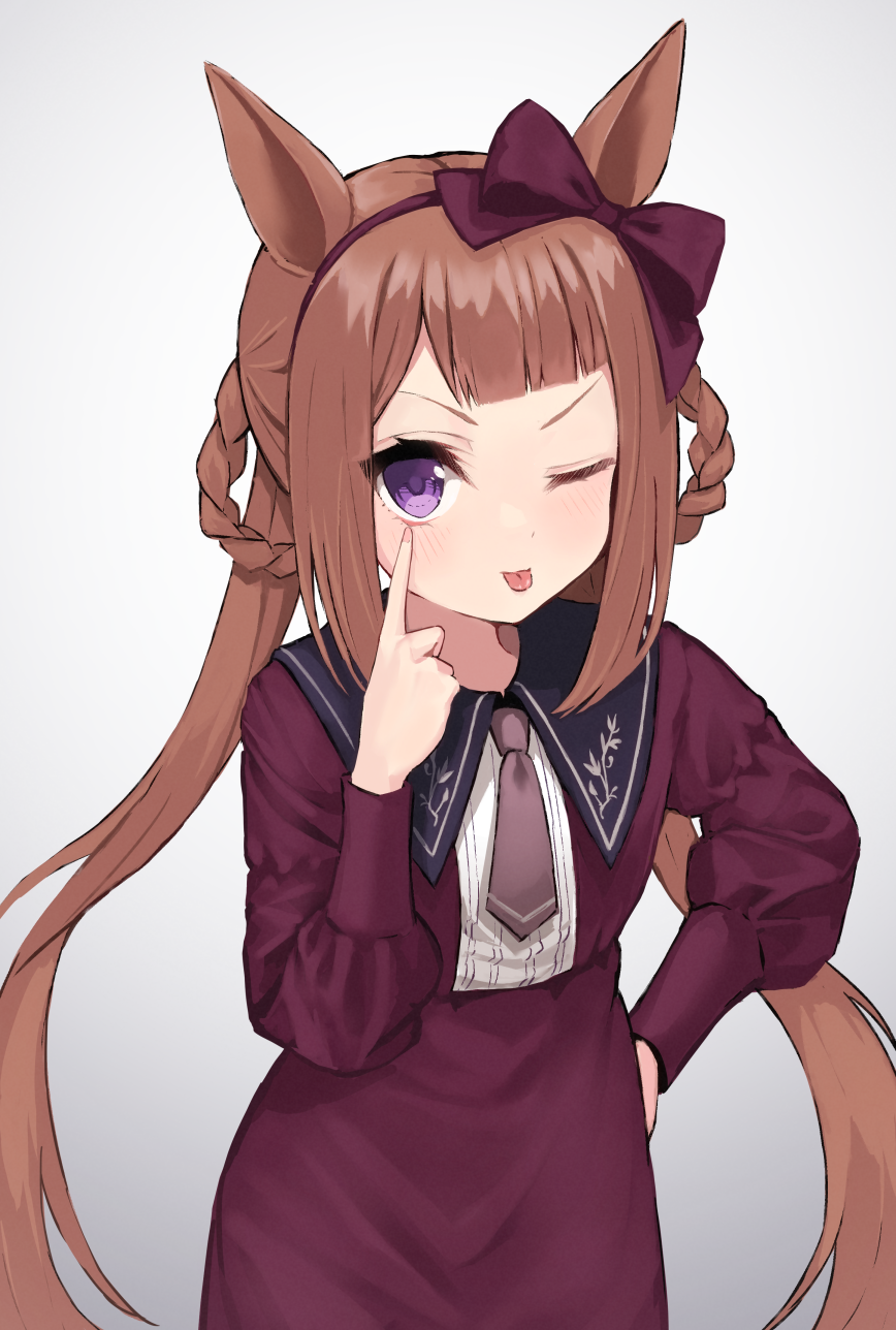 1girl akanbe animal_ears bangs blush bow braid brown_hair brown_neckwear collared_dress commentary_request dress ear_bow gradient gradient_background grey_background hair_rings hand_on_hip highres horse_ears kuronosu_(yamada1230) long_hair long_sleeves necktie one_eye_closed puffy_long_sleeves puffy_sleeves purple_bow purple_dress short_necktie solo sweep_tosho_(umamusume) tongue tongue_out twin_braids twintails umamusume v-shaped_eyebrows very_long_hair violet_eyes
