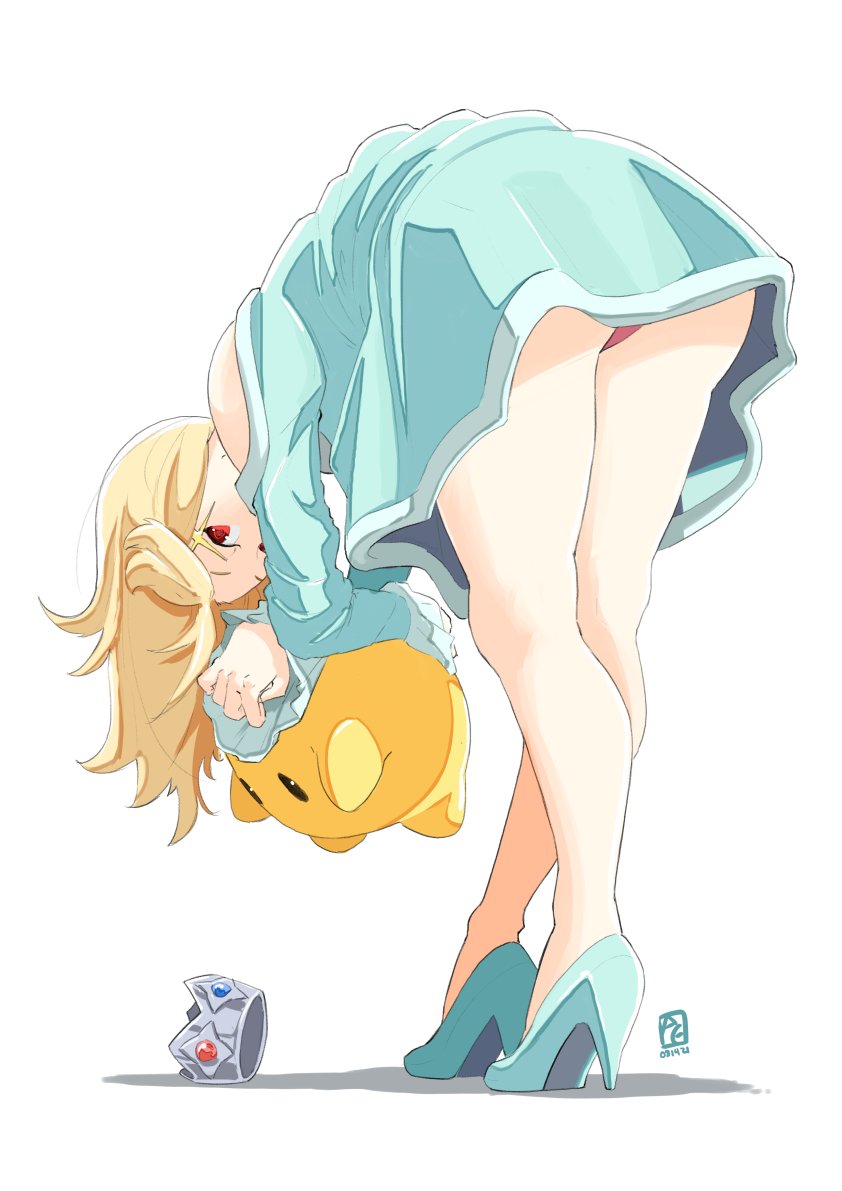1girl ass automatic_giraffe bare_shoulders blonde_hair blush breasts crown dress earrings gloves hair_over_one_eye jewelry long_hair looking_at_viewer luma_(mario) super_mario_bros. red_eyes rosalina smile solo star_(symbol) star_earrings super_mario_galaxy super_smash_bros. underwear white_background