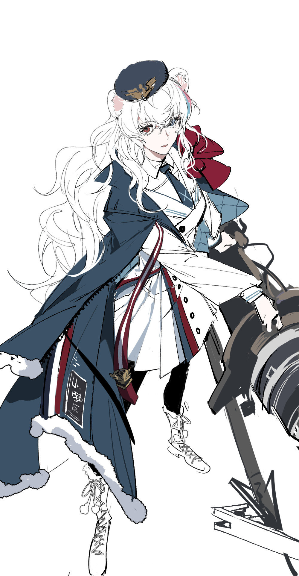 1girl animal_ears arknights bear_ears black_legwear blue_coat blue_eyes blue_hair blue_headwear blue_neckwear boots chinese_commentary coat coat_on_shoulders commentary_request full_body harpoon_gun hat heterochromia highres holding holding_weapon jacket long_hair long_sleeves looking_at_viewer military_hat multicolored_hair necktie pantyhose parted_lips partially_colored pink_hair red_eyes rosa_(arknights) simple_background skirt solo standing streaked_hair unfinished weapon white_background white_footwear white_hair white_jacket white_skirt xiandao1213