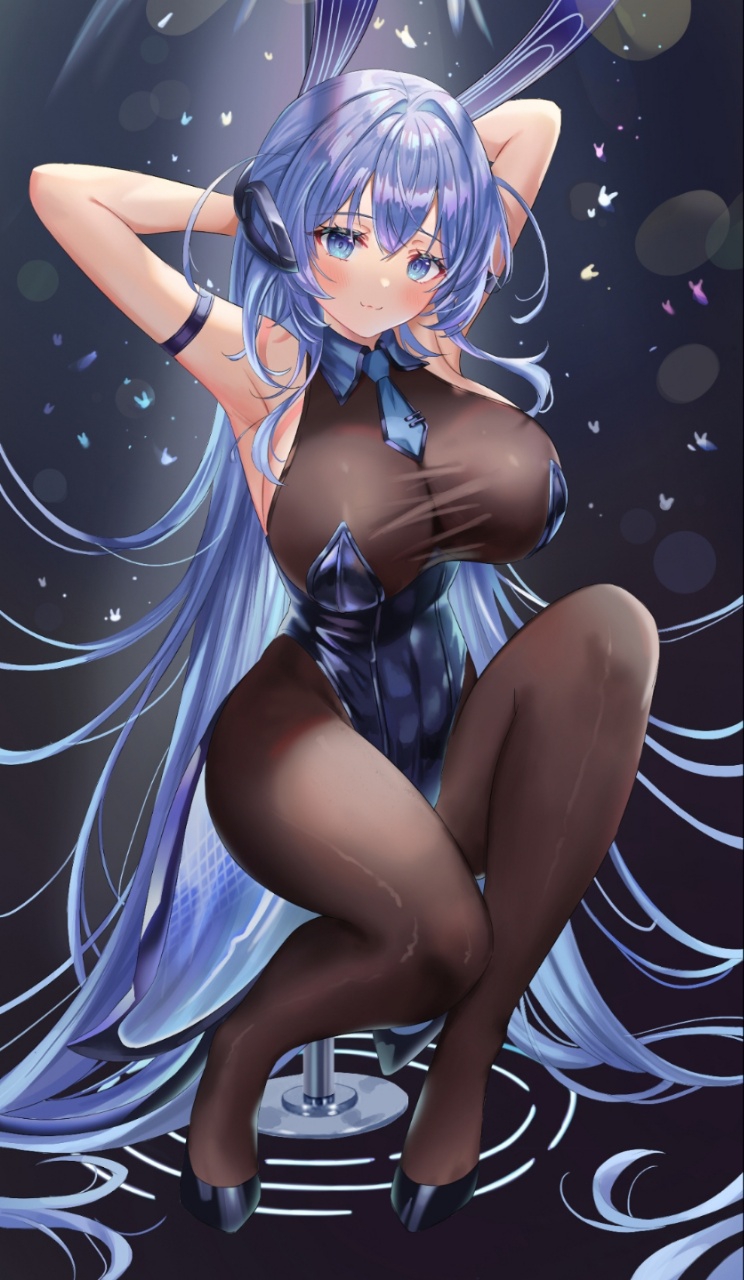 1girl :3 animal_ears armband arme_(cgsy7484) armpits arms_behind_head arms_up azur_lane black_legwear blue_eyes blue_hair blush bodystocking breasts collar curvy highres knee_up large_breasts looking_at_viewer necktie new_jersey_(azur_lane) new_jersey_(exhilarating_steps!)_(azur_lane) pantyhose playboy_bunny pole pole_dancing rabbit_ears seductive_smile see-through skindentation smile solo stripper stripper_pole