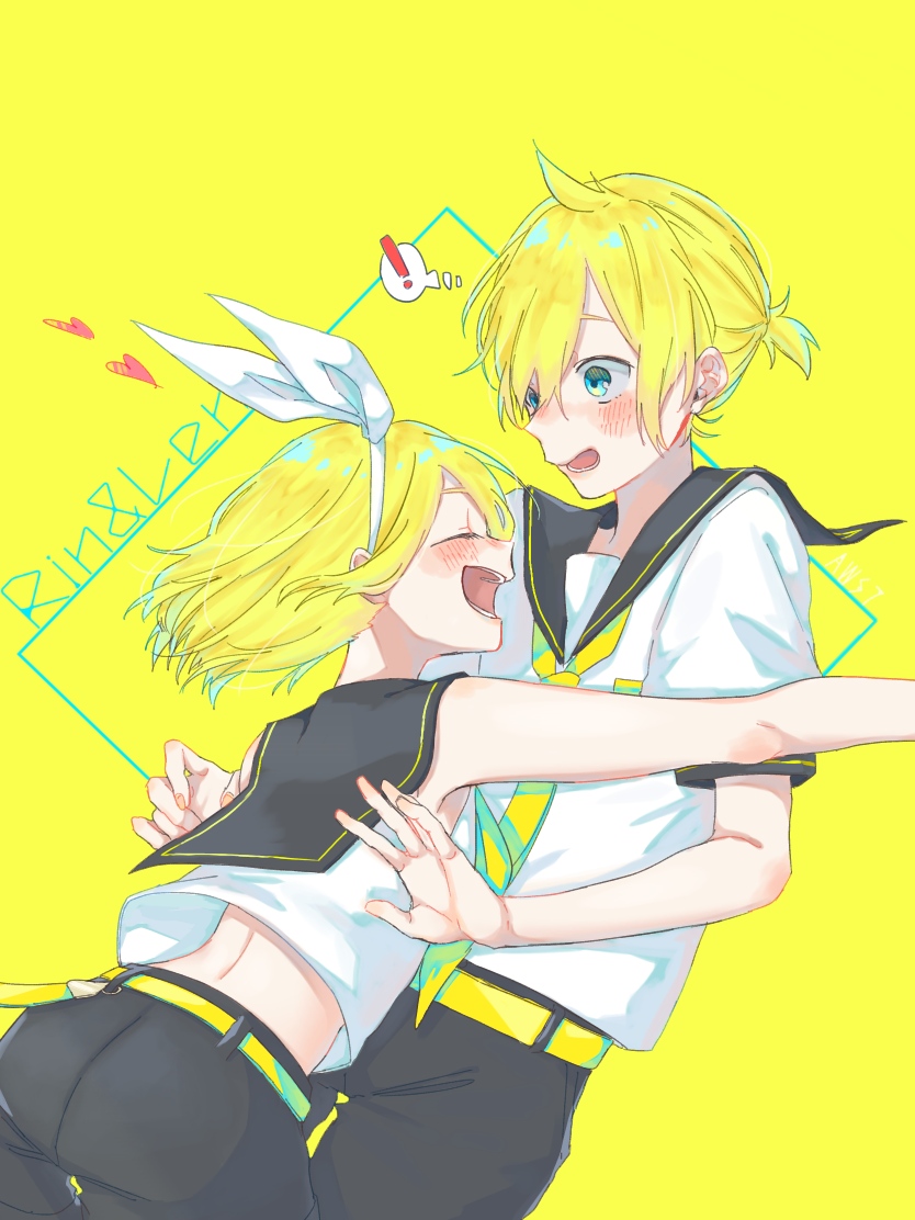 ! 1boy 1girl aqua_eyes bare_arms bare_shoulders blonde_hair blush bow brother_and_sister character_name crop_top flying_heart glomp hair_bow hug imminent_hug kagamine_len kagamine_rin midriff necktie pd_ta1 sailor_collar shirt short_hair short_ponytail shorts siblings sleeveless sleeveless_shirt spoken_exclamation_mark surprised twins vocaloid white_bow yellow_neckwear