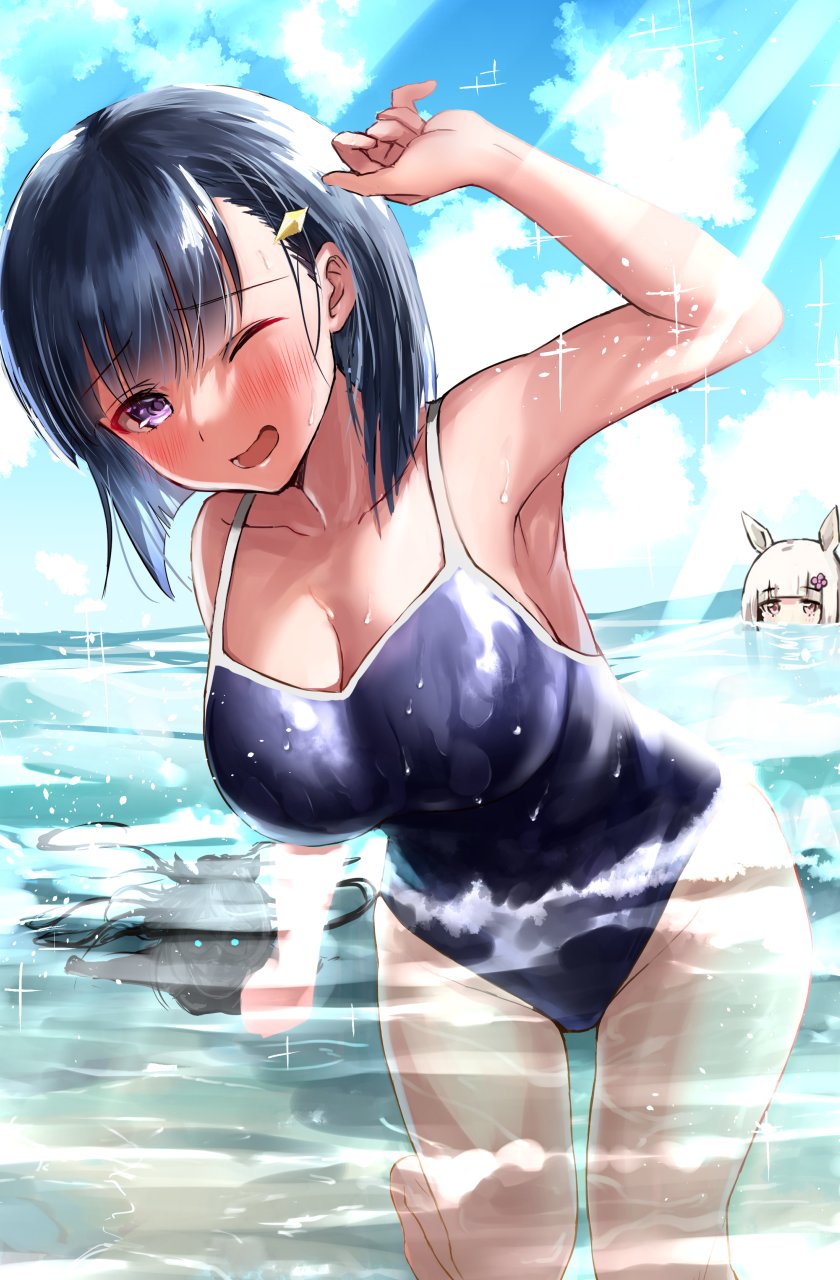 2girls black_hair blue_eyes blue_sky blue_swimsuit breasts clouds commentary_request competition_school_swimsuit cowboy_shot day hair_ornament hairclip happy_meek_(umamusume) highres kiryuuin_aoi large_breasts leaning_to_the_side multiple_girls one_eye_closed outdoors school_uniform sg_(esujii) short_hair sky soaking_feet solo_focus standing sun_beam swimsuit umamusume water