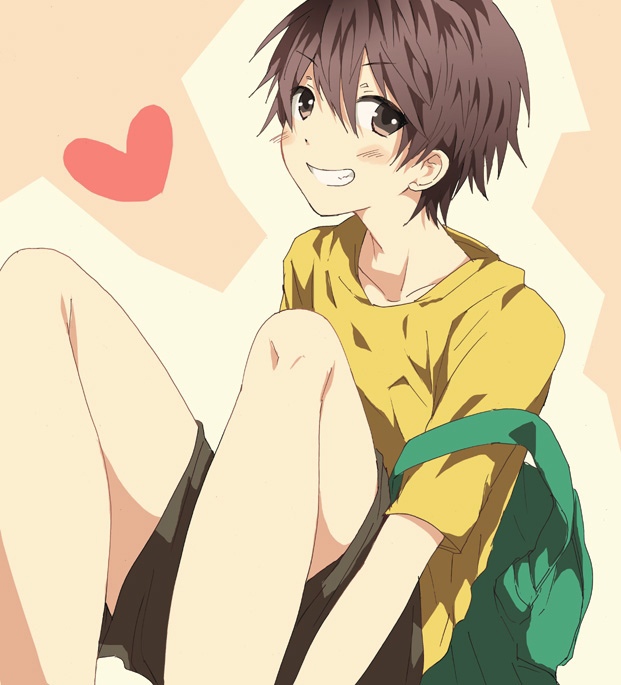 1boy backpack brown_eyes brown_hair heart looking_at_viewer male shorts sitting smiling solo