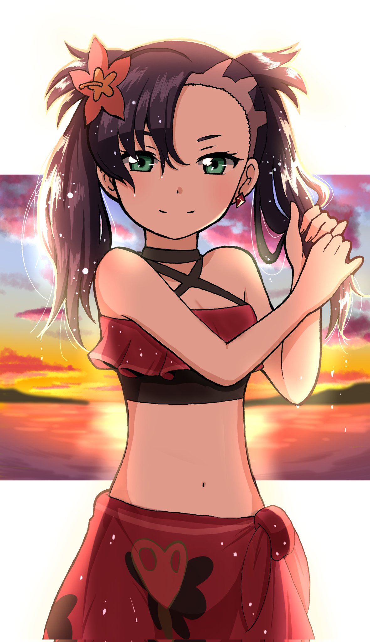 1girl asymmetrical_bangs bangs bikini black_hair blush border breasts choker closed_mouth commentary_request drying drying_hair earrings emapippi flower green_eyes hair_flower hair_ornament highres jewelry looking_at_viewer navel official_alternate_costume pokemon pokemon_(game) pokemon_masters_ex sarong shiny shiny_hair smile solo sunset swimsuit twintails two_side_up wet wet_hair white_border wringing_hair