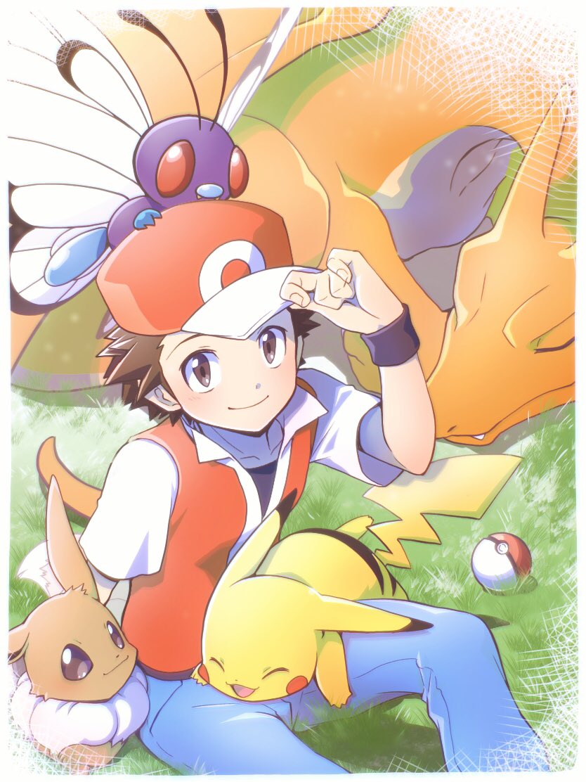 1boy baseball_cap blue_pants blush border brown_eyes brown_hair butterfree charizard closed_mouth collarbone commentary_request eevee gen_1_pokemon grass hand_up hat jacket looking_at_viewer male_focus nagi_(exsit00) on_head pants pikachu poke_ball poke_ball_(basic) pokemon pokemon_(creature) pokemon_(game) pokemon_frlg pokemon_on_head shirt short_hair short_sleeves sitting smile spiky_hair white_border wristband