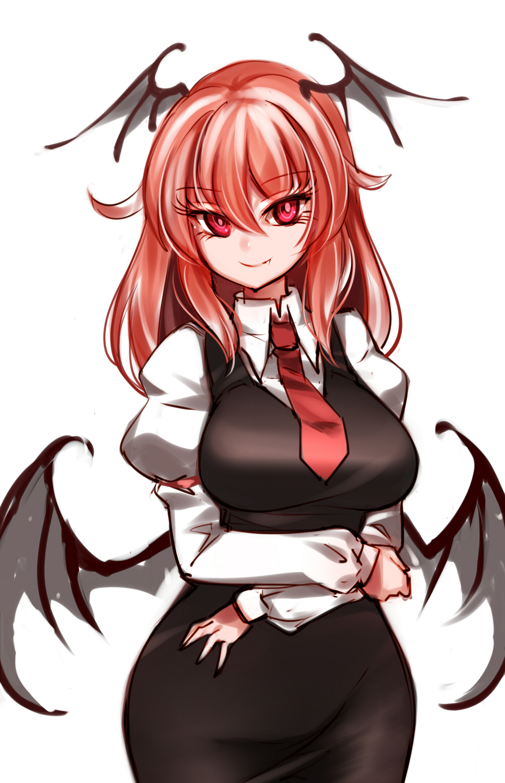 1girl armband bat_wings black_dress breasts collared_shirt commentary_request cowboy_shot dress eyebrows_visible_through_hair eyelashes fang fang_out hair_between_eyes head_wings highres juliet_sleeves koakuma long_sleeves looking_at_viewer low_wings medium_breasts medium_hair necktie pinafore_dress puffy_sleeves raptor7 red_eyes red_neckwear redhead shirt sidelocks simple_background sleeveless sleeveless_dress smile solo touhou white_background white_shirt wings