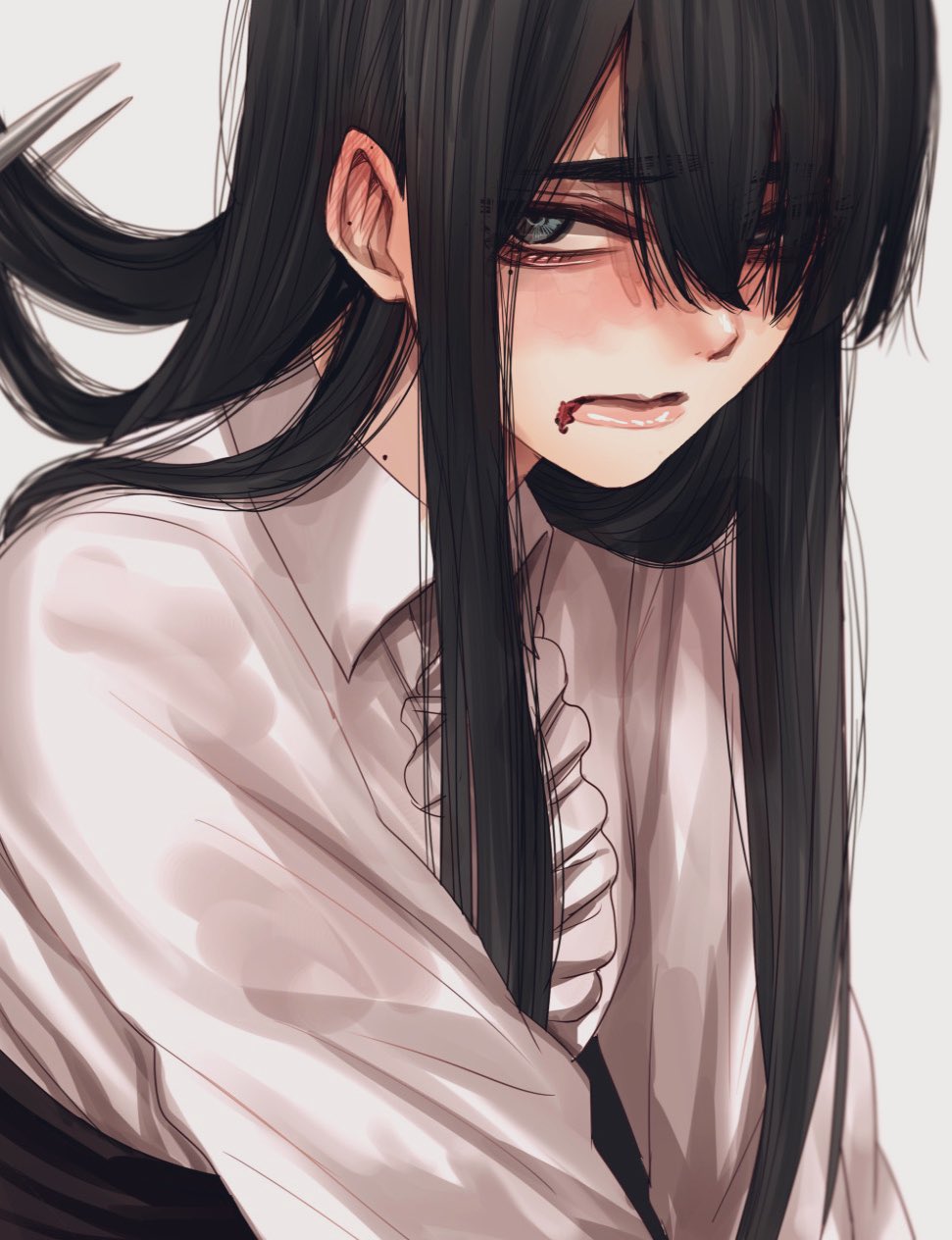 1girl black_hair black_skirt blood blood_from_mouth blue_eyes blush closed_mouth collared_shirt cutting_hair hair_over_one_eye high-waist_skirt highres hoshi_san_3 long_hair looking_at_viewer mole mole_on_neck one_eye_covered original scissors shirt simple_background skirt solo upper_body white_background white_shirt wing_collar