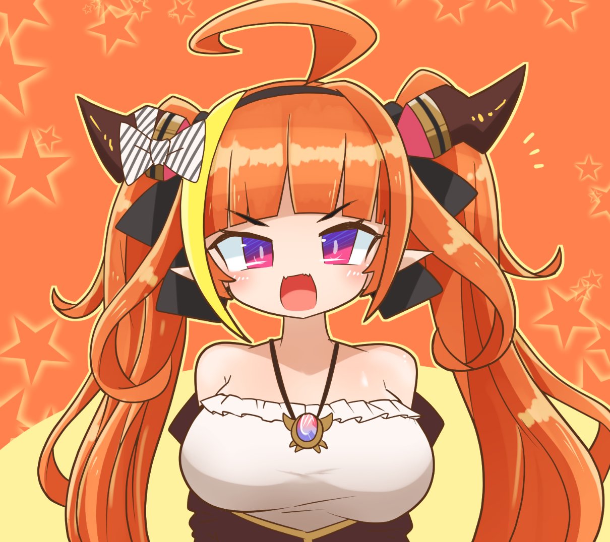 1girl ahoge asimo953 bandeau bangs blonde_hair blunt_bangs bow breasts commentary_request diagonal-striped_bow dragon_girl dragon_horns fangs hololive horn_bow horn_ornament horns jewelry kiryu_coco large_breasts long_hair multicolored_hair necklace orange_hair pendant pointy_ears skin_fangs solo starry_background streaked_hair twintails two-tone_hair violet_eyes virtual_youtuber