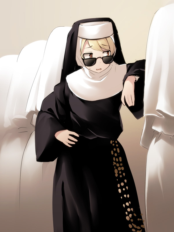 1girl bangs black-framed_eyewear black_dress brown_eyes brown_hair cosplay cosplay_request dress eyebrows_visible_through_hair habit idolmaster idolmaster_cinderella_girls long_sleeves looking_over_eyewear morikubo_nono nun sister_act solo sunglasses uccow veil wide_sleeves