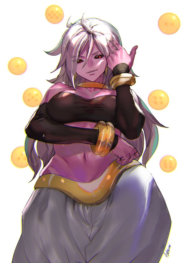 1girl android_21 ashiomi_masato black_sclera bracelet breasts colored_sclera colored_skin dragon_ball dragon_ball_fighterz earrings hoop_earrings jewelry long_hair looking_at_viewer majin_android_21 navel pink_skin red_eyes simple_background smile solo white_background white_hair