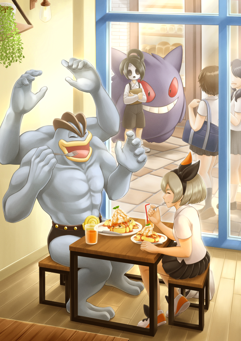 1boy 3girls ahoge allister_(pokemon) alternate_costume bea_(pokemon) black_hair black_hairband bow_hairband chair closed_eyes collared_shirt commentary_request cup drinking_straw eating food gen_1_pokemon gengar glass hairband holding liquid machamp mask mouth_hold multiple_girls open_mouth plate pleated_skirt pokemon pokemon_(game) pokemon_swsh school_uniform shirt shoes short_hair short_sleeves shorts sitting skirt smile standing table tongue white_shirt window yuuge_miso