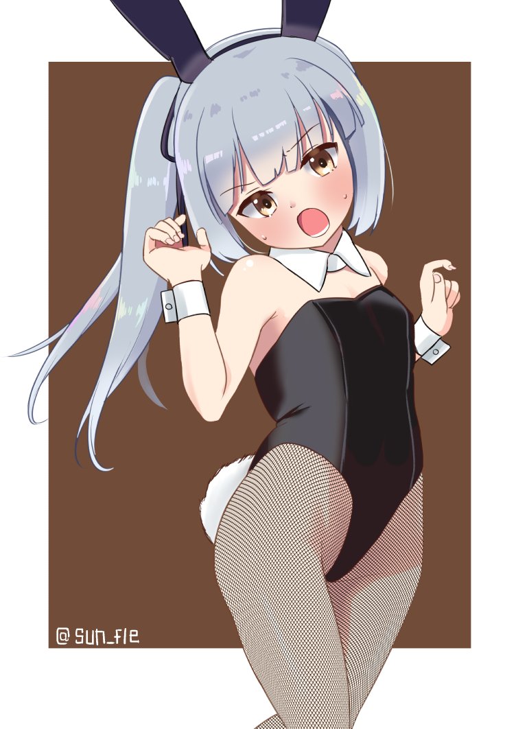 1girl animal_ears bad_neck black_leotard border brown_background brown_eyes commentary_request cosplay detached_collar fishnet_legwear fishnets flat_chest grey_hair head_out_of_frame kantai_collection kasumi_(kancolle) leotard long_hair looking_at_viewer open_mouth pantyhose playboy_bunny rabbit_ears rabbit_tail side_ponytail silver_hair solo strapless strapless_leotard sun_fle tail twitter_username two-tone_background white_border wrist_cuffs