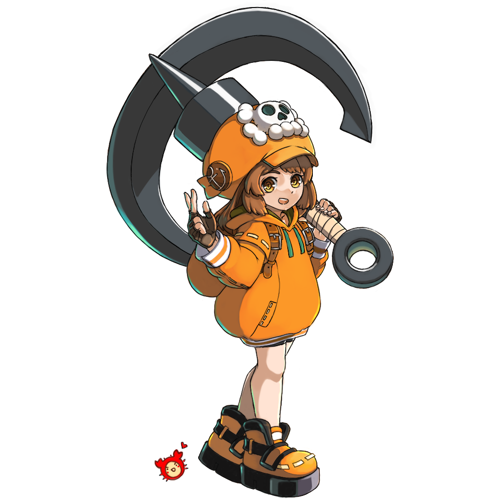 1girl anchor backpack bag brown_eyes brown_hair chibi guilty_gear guilty_gear_strive hat holding holding_weapon hood hoodie may_(guilty_gear) orange_headwear orange_hoodie shorts smile user_prde7227 weapon