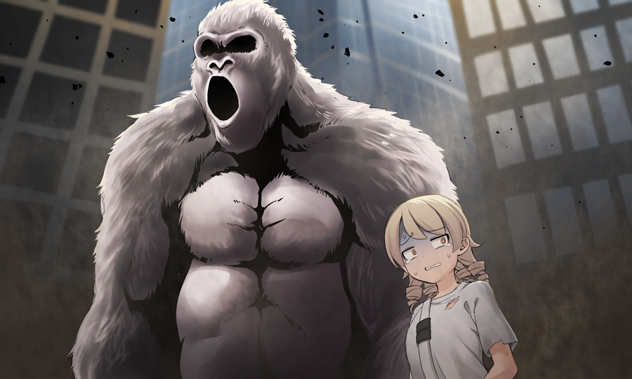 1girl animal brown_eyes brown_hair building cosplay cosplay_request day gorilla idolmaster idolmaster_cinderella_girls morikubo_nono open_mouth outdoors rampage_(film) ringlets shirt short_sleeves solo sweat tears torn_clothes torn_shirt turn_pale uccow white_shirt window