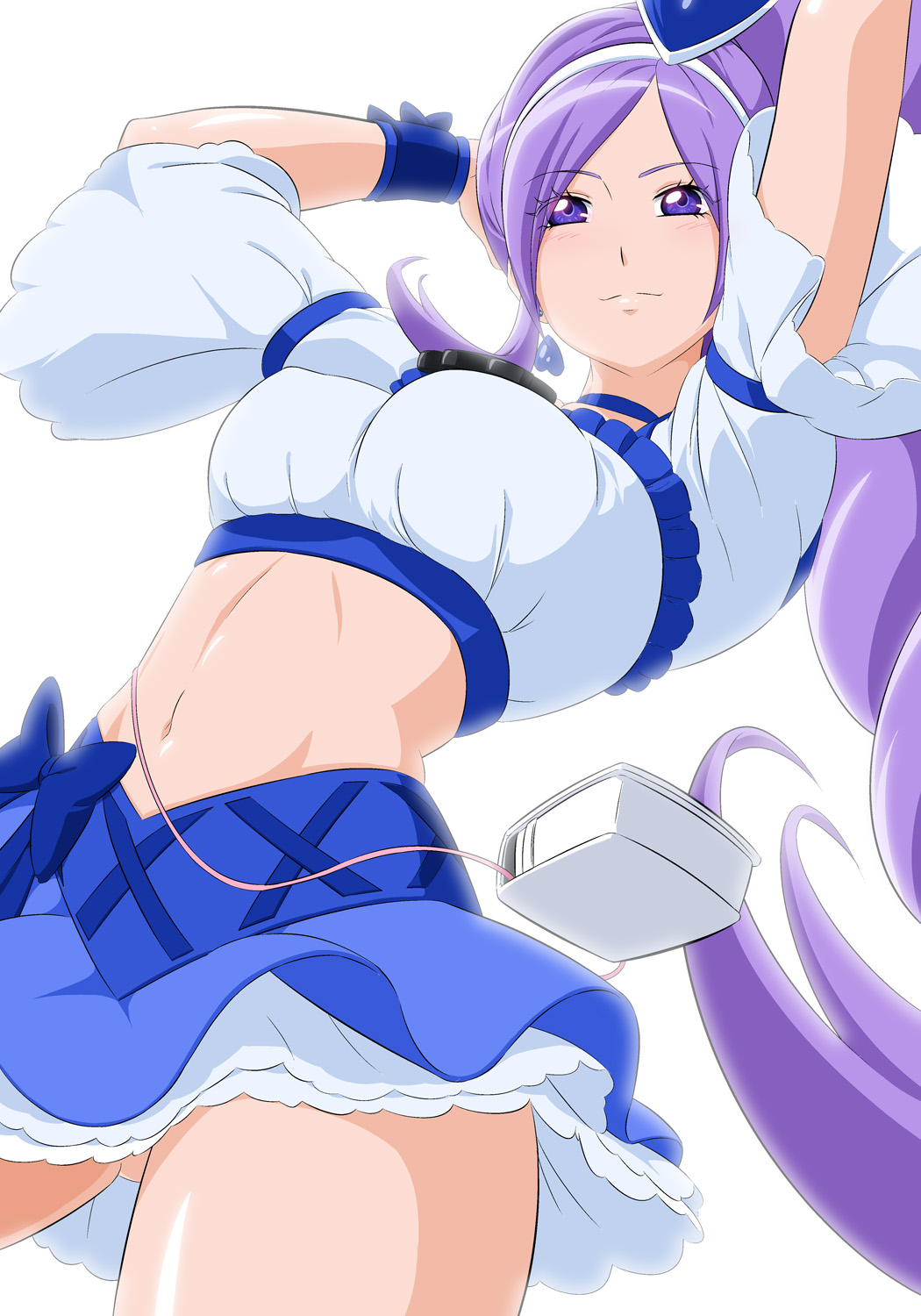 1girl :3 arms_up ass_visible_through_thighs backlighting bangs blue_bow blue_choker blue_skirt bow breasts choker closed_mouth cowboy_shot crop_top cure_berry fresh_precure! fuchi_(nightmare) hairband highres large_breasts layered_skirt long_hair midriff miniskirt navel parted_bangs ponytail precure purple_hair shiny shiny_hair shiny_skin simple_background skirt solo standing stomach very_long_hair violet_eyes white_background white_hairband