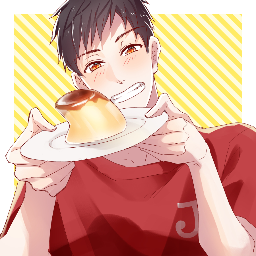 1boy black_hair blush food holding holding_plate hosekisho_richard-shi_no_nazo_kantei male_focus nakata_seigi orange_eyes plate pudding red_shirt shirt simple_background smile striped striped_background tenku_(ten_ku_ame) upper_body