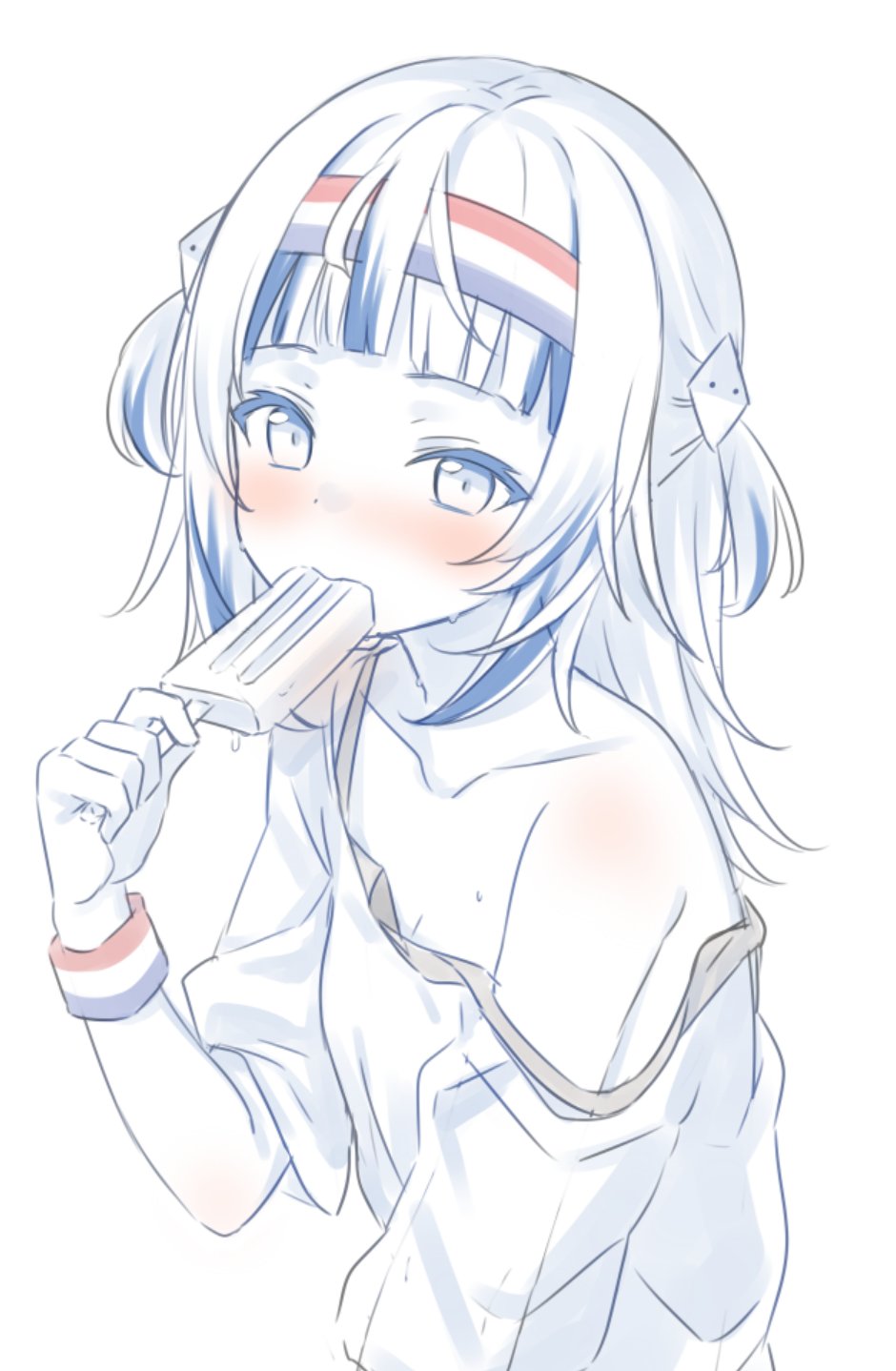 1girl bangs bare_shoulders blush commentary eating english_commentary food gawr_gura hair_ornament headband highres hitsukuya holding holding_food hololive hololive_english long_hair looking_at_viewer monochrome multicolored_hair off_shoulder popsicle shirt short_sleeves simple_background solo streaked_hair sweat sweatband two_side_up upper_body virtual_youtuber white_background wristband