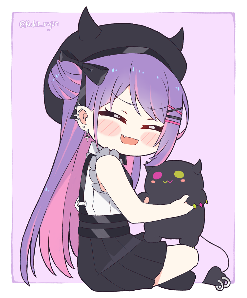 1girl :d ^_^ beret bibi_(tokoyami_towa) black_headwear black_skirt blush_stickers chibi closed_eyes colored_inner_hair commentary demon_girl demon_tail english_commentary fang frilled_shirt frills hat highres hololive horned_headwear kukie-nyan long_hair looking_at_viewer multicolored_hair open_mouth piercing pink_hair pleated_skirt pointy_ears purple_hair shirt side_bun skirt smile solo_focus streaked_hair suspender_skirt suspenders tail tail_ornament tail_piercing tokoyami_towa twitter_username virtual_youtuber white_shirt