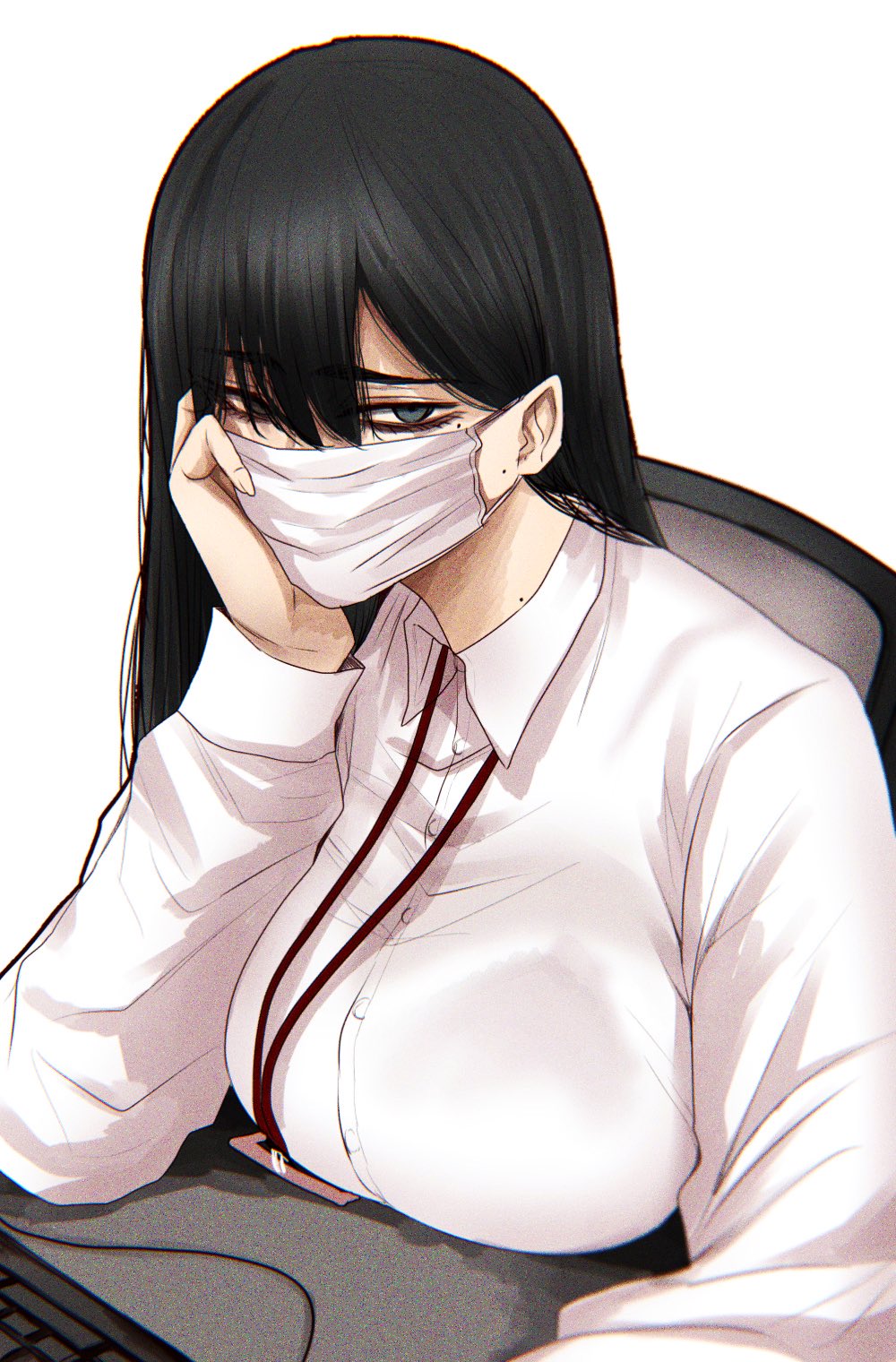 1girl black_hair bralines breast_rest breasts chair closed_mouth collared_shirt covered_mouth grey_eyes head_rest highres hoshi_san_3 id_card keyboard_(computer) lanyard large_breasts long_sleeves looking_at_viewer mask mole mole_on_neck mole_under_eye mouth_mask office_lady on_chair original shirt simple_background sitting solo surgical_mask upper_body white_background wing_collar