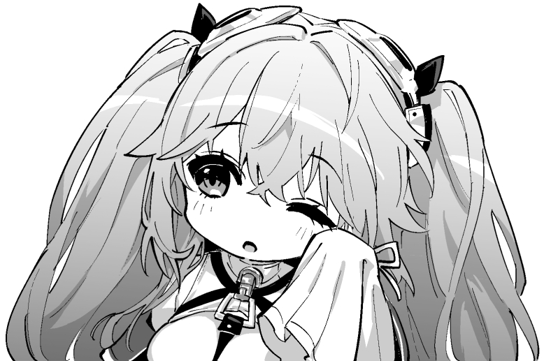 1girl anchorage_(azur_lane) azur_lane chibi cleavage_cutout close-up clothing_cutout eyebrows_visible_through_hair hair_between_eyes hair_ornament hand_on_own_cheek hand_on_own_face hori_(hori_no_su) long_hair long_sleeves looking_to_the_side one_eye_closed simple_background solo twintails white_background