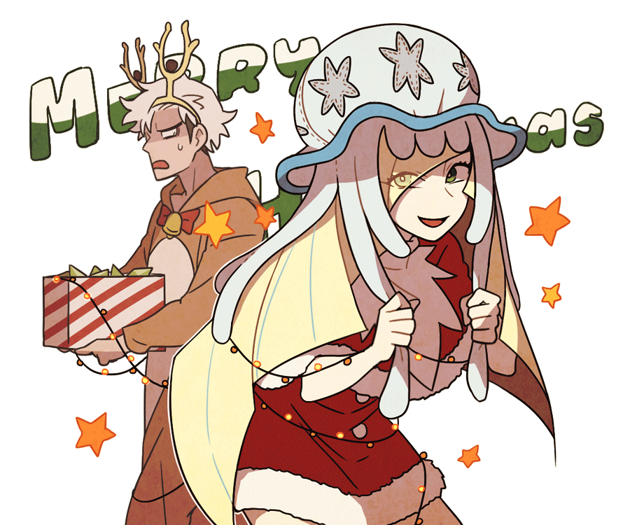 1boy 1girl alternate_costume blonde_hair box buttons capelet character_doll christmas christmas_lights commentary dress eyelashes fake_horns gen_2_pokemon gen_7_pokemon green_eyes guzma_(pokemon) hair_over_one_eye hairband holding holding_box horns long_hair looking_at_viewer lusamine_(pokemon) merry_christmas nihilego onesie open_mouth pokemon pokemon_(game) pokemon_sm red_capelet red_dress short_dress smile ssalbulre stantler star_(symbol) themed_object tongue ultra_beast white_hair