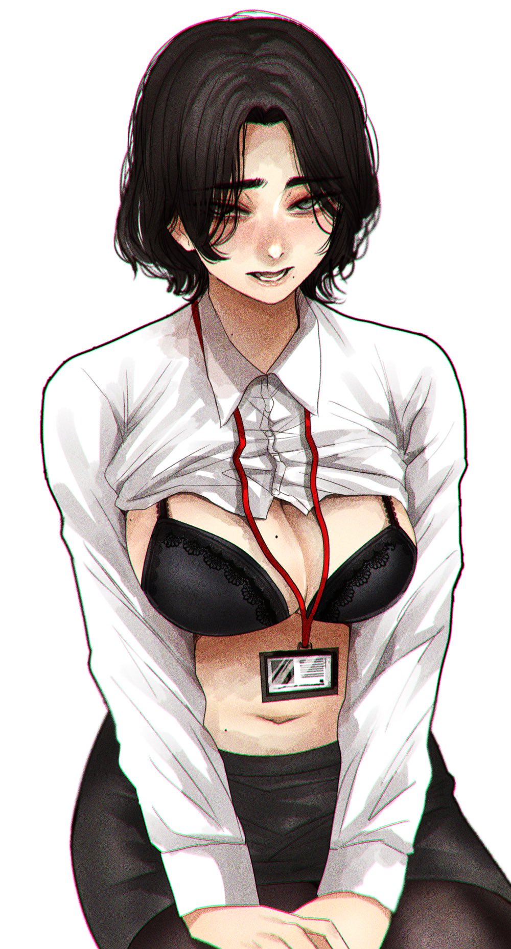 1girl bangs black_bra black_hair black_skirt bra breasts breasts_outside brown_legwear closed_mouth clothes_lift collared_shirt green_eyes highres hoshi_san_3 id_card lanyard large_breasts long_sleeves looking_at_viewer miniskirt mole mole_on_stomach mole_under_eye mole_under_mouth navel office_lady open_mouth original pantyhose parted_bangs pencil_skirt sanpaku shirt shirt_lift short_hair simple_background sitting skirt solo underwear white_background wing_collar
