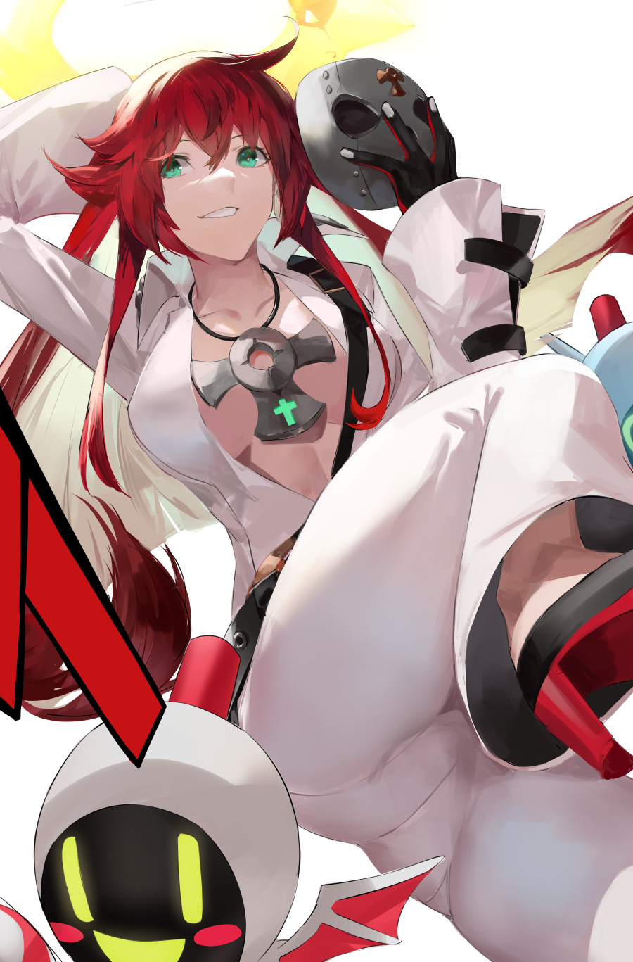 1girl ankh ankh_necklace aria_(guilty_gear) bangs belt blazpu bodysuit breasts center_opening collarbone cross gloves green_eyes grin guilty_gear guilty_gear_strive halo high_heels highres jack-o'_valentine knight_servant large_breasts long_hair long_sleeves looking_at_viewer mask multicolored_hair plunging_neckline redhead smile thighs two-tone_hair white_bodysuit white_hair