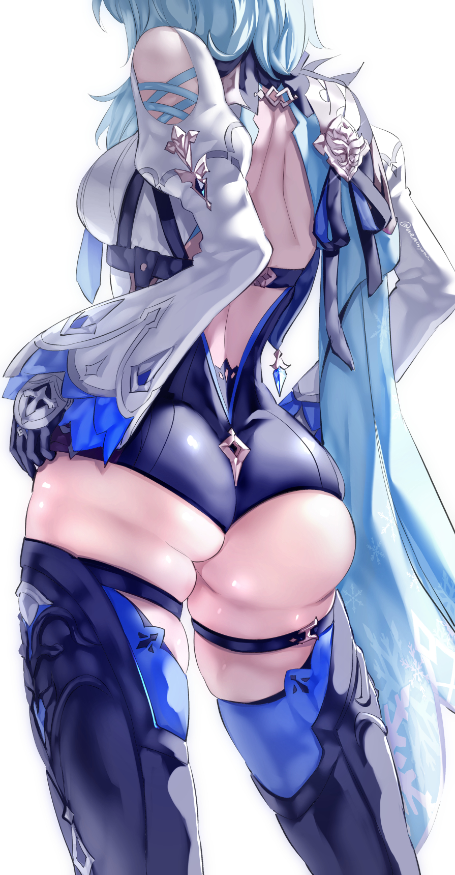 1girl ass black_gloves black_hairband black_legwear black_leotard blue_cape blue_hair breasts cape eula_(genshin_impact) genshin_impact gloves hair_ornament hairband highres large_breasts legs leotard long_sleeves medium_hair thigh-highs uenoryoma