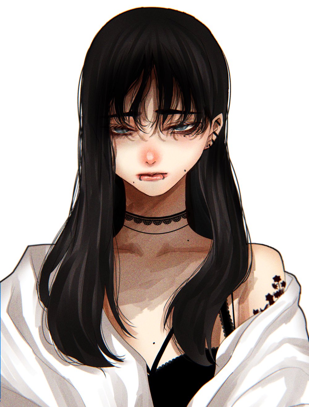 1girl black_bra black_choker black_hair bra breasts choker closed_mouth ear_piercing earrings eyeshadow grey_eyes hair_over_eyes highres hoshi_san_3 jewelry lip_piercing long_hair looking_at_viewer makeup mole mole_on_breast mole_under_eye mole_under_mouth off_shoulder original piercing sanpaku shirt shoulder_tattoo simple_background solo tattoo underwear upper_body white_background white_shirt