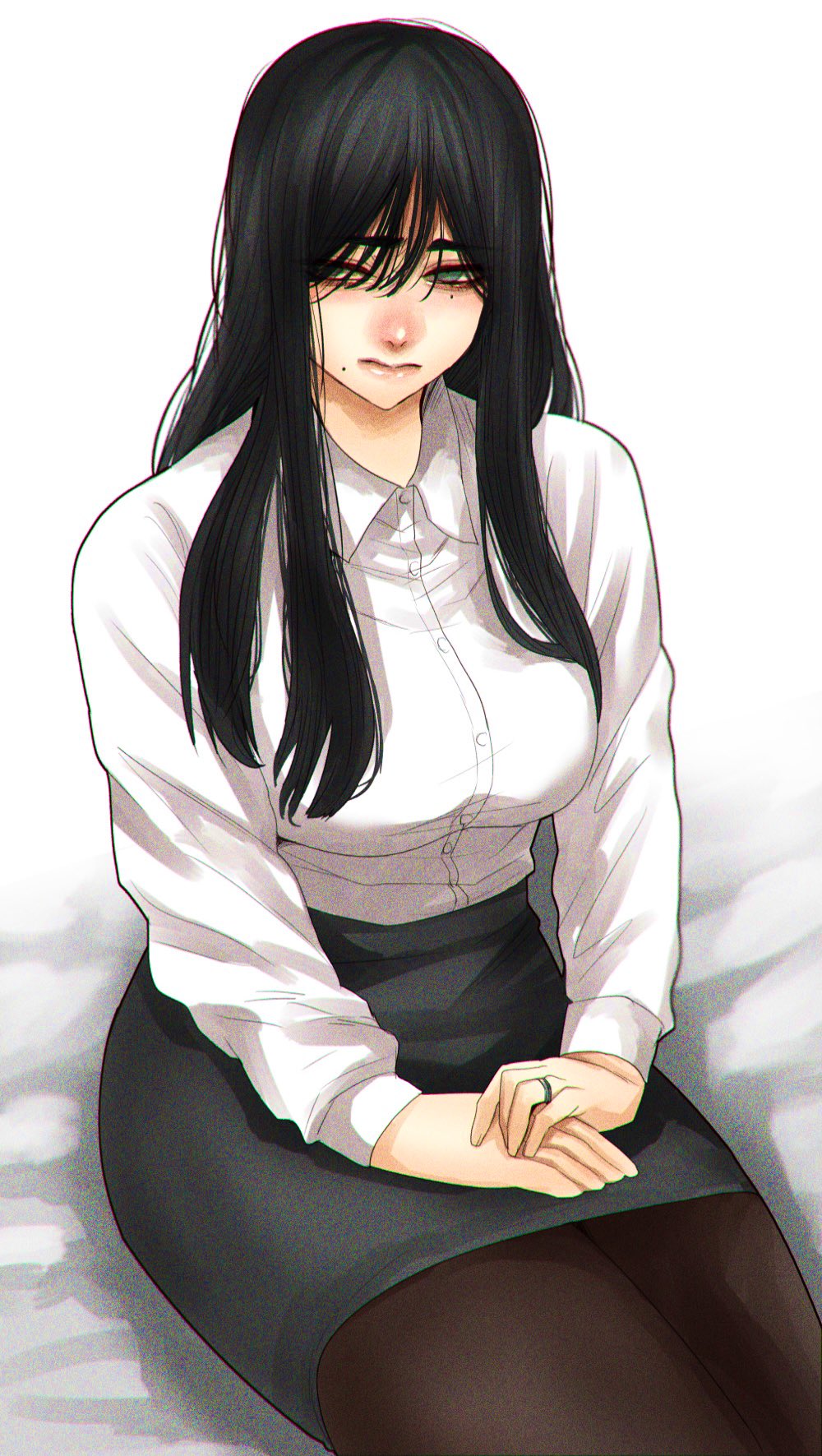 1girl black_hair breasts brown_legwear closed_mouth collared_shirt film_grain green_eyes grey_skirt hair_over_eyes hands_on_lap highres hoshi_san_3 jewelry jimiko large_breasts legs_together long_hair long_sleeves looking_at_viewer miniskirt mole mole_under_eye mole_under_mouth office_lady original pantyhose pencil_skirt ring shirt simple_background sitting skirt solo wedding_band white_background wing_collar