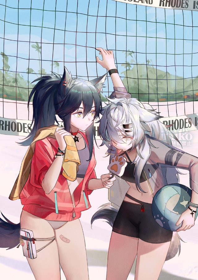 2girls animal_ears arknights beach beach_towel beach_volleyball black_hair blue_sky earrings english_text food jacket jewelry lappland_(arknights) licking multiple_girls popsicle popsicle_stick see-through_jacket sky tail texas_(arknights) towel volleyball_net white_hair wolf_ears wolf_girl wolf_tail zhaitengjingcang