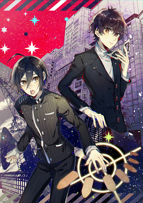 2boys :o ahoge amamiya_ren bangs black_hair black_jacket black_pants breast_pocket brown_eyes building bullet buttons commentary_request dangan_ronpa_(series) dangan_ronpa_v3:_killing_harmony double-breasted hair_between_eyes hand_up holding holding_mask jacket long_sleeves looking_at_viewer male_focus mask mask_removed multiple_boys onko open_mouth pants persona persona_5 pocket red_sky saihara_shuuichi shirt short_hair sky space_print starry_sky_print striped striped_jacket striped_pants white_shirt yellow_eyes